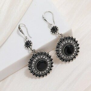 2/$24 Black Crystal Sunflower Dangle Earrings With Silver-Tone Detailing For Wom
